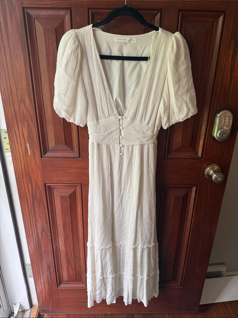 Altar'd State Ivory Puff-Sleeve V-Neck Maxi Dress
